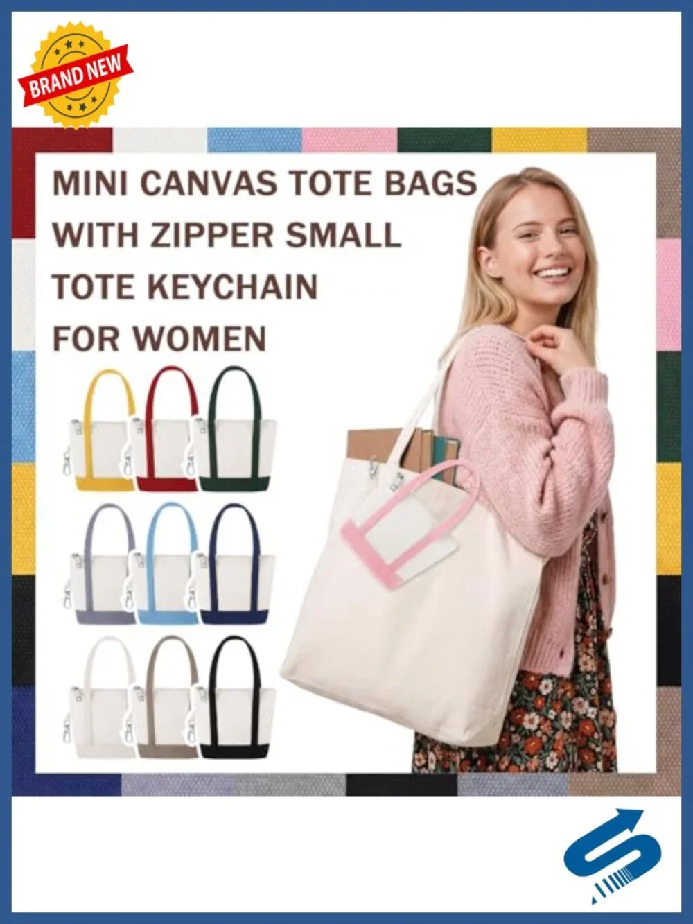 Mini Tote Bag Keychain Set of 10 with Zipper Polyester Pouch for Backpack